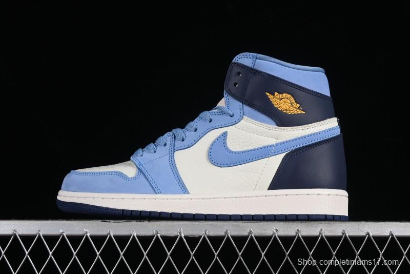 Nike Air Jordan 1 High OG "First in Flight" Basketball Shoes with UNC Blue and Yellow Accents - FD2596-400