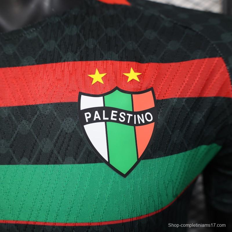 Player Version 25/26 CD Palestino Away Black Jersey with Red-Green Stripes and Bank of Palestine Sponsor