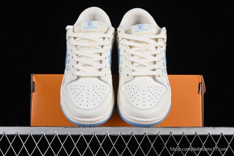 Nike SB Dunk Low LV Collaboration - Beige Blue Double Swoosh Print Anniversary Custom Low-Top Casual Sneakers - CF3688-005