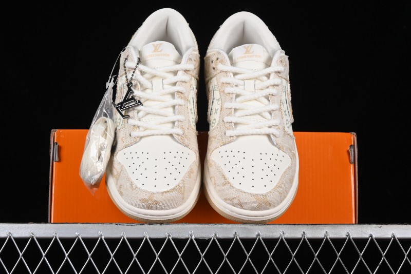 Nike SB Dunk Low LV Collaboration - Beige Swoosh Anniversary High-End Custom Low-Top Casual Skate Shoes - SJ2068-258