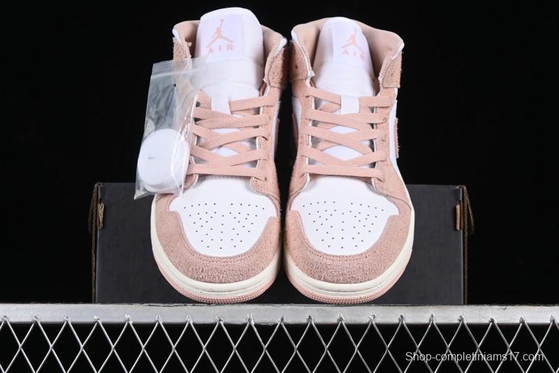 Nike Air Jordan AJ1 Mid Basketball Shoes in White Pink - FN7432-161