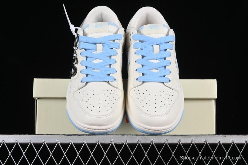 Stussy x Nike Dunk Low SB Skate Shoes in White with Light Blue Swoosh - DQ1098-380