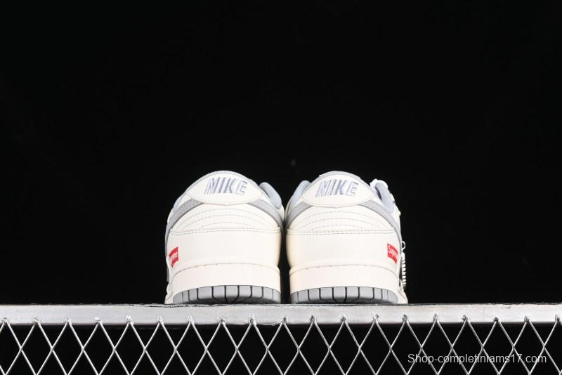 Nike SB Dunk Low Supreme Collaboration - Off White Gray Double Swoosh Anniversary Custom Low-Top Casual Skate Shoes - XX2025-317