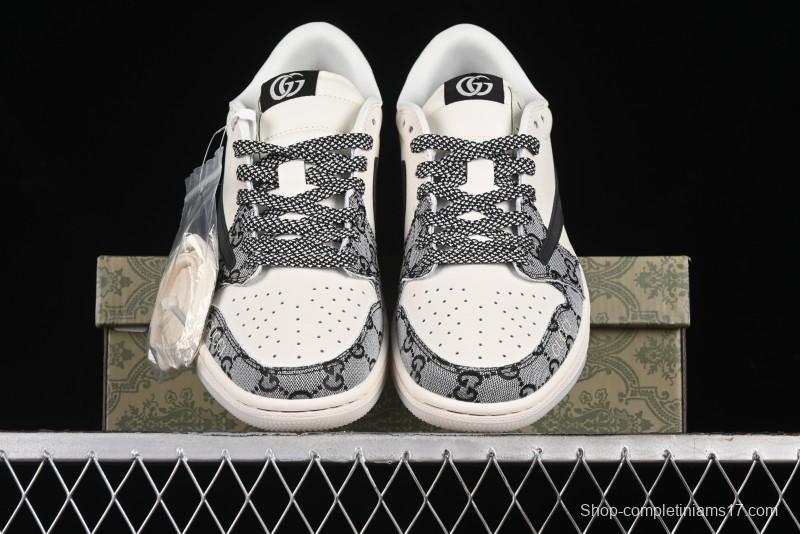 Nike Travis Scott x Fragment Design x Air Jordan 1 Low OG SP AJ1 Gucci Collaboration - Black Grey Pattern Low Top Casual Sneakers - XY2688-117