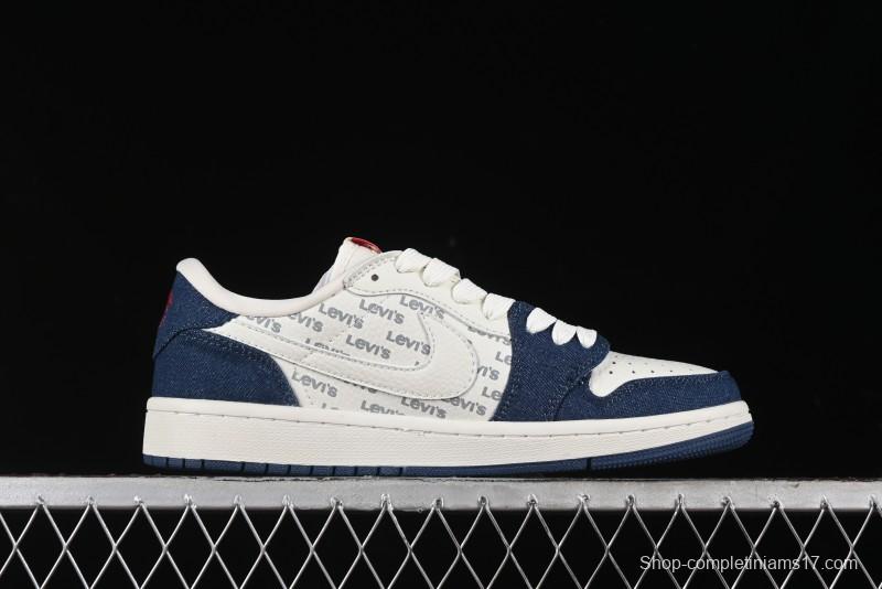 Nike Travis Scott x Fragment Design x Air Jordan 1 Low OG SP AJ1 Levi's Collaboration - White Blue Canvas Low Top Casual Sneakers - JH6088-605
