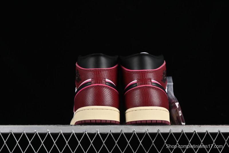 Nike Air Jordan 1 Mid AJ1 Snake Print Black Red Toe Mid-Top Basketball Shoes - FQ7818-101