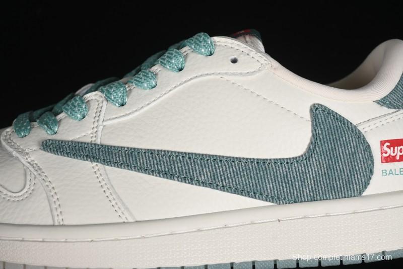 Nike Travis Scott x Fragment Design x Air Jordan 1 Low OG SP AJ1 Supreme Collaboration - Green Canvas Swoosh Low-Top Casual Sneakers - JH6088-706