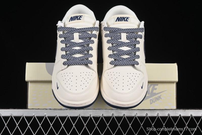 Nike SB Dunk Low Anniversary Premium Custom Low-Top Casual Skate Shoes in Off-White with Navy Blue Swoosh - SJ1089-004