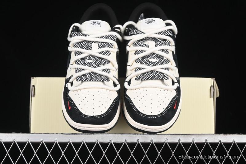 Nike SB Dunk Low Stussy Collaboration - White Embroidery Black Swoosh Anniversary Custom Low-Top Casual Sneakers - SJ2068-311