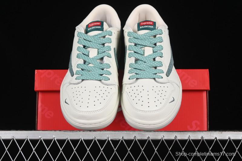 Nike Travis Scott x Fragment Design x Air Jordan 1 Low OG SP AJ1 Supreme Collaboration - Green Canvas Swoosh Low-Top Casual Sneakers - JH6088-706