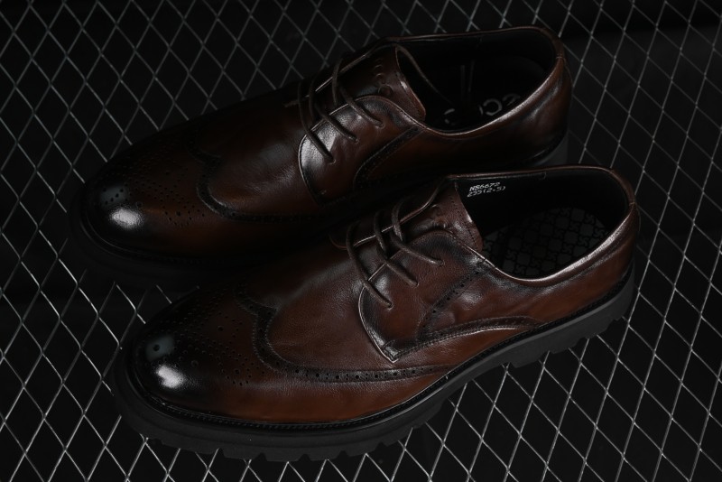 ECCO Block Derby Round Toe Genuine Leather Brogue Dress Shoes - 63667201002