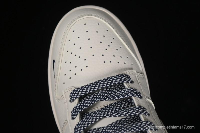 Nike SB Dunk Low Anniversary Premium Custom Low-Top Casual Skate Shoes in Off-White with Navy Blue Swoosh - SJ1089-004