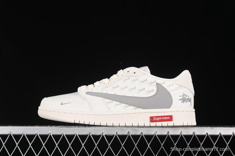 Nike Travis Scott x Fragment Design x Air Jordan 1 Low OG SP AJ1 Retro Sneakers with Reverse Swoosh - SJ2068-115