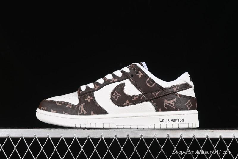 Nike SB Dunk Low LV Collaboration - Embossed White Brown Print Anniversary High-End Custom Low-Top Casual Sneakers - DQ1098-360