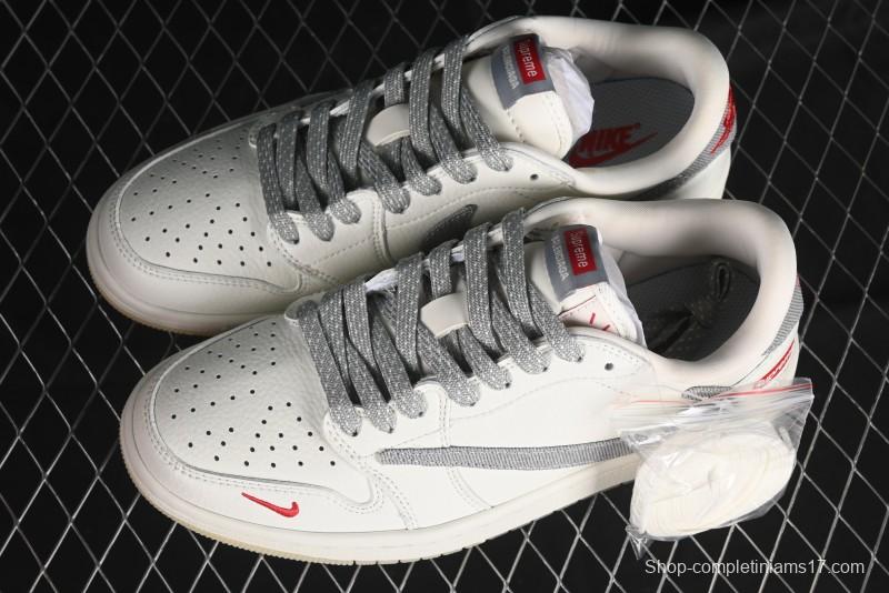 Nike Travis Scott x Fragment Design x Air Jordan 1 Low OG SP AJ1 Supreme Collaboration - Light Grey Denim Two-Tone Low-Top Casual Sneakers - JH6088-705