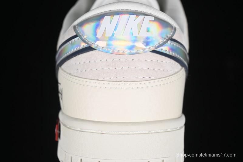 Nike SB Dunk Low Supreme x Stussy Triple Collaboration - Beige Silver Swoosh Anniversary Custom Low-Top Casual Skate Shoes - KK1333-005