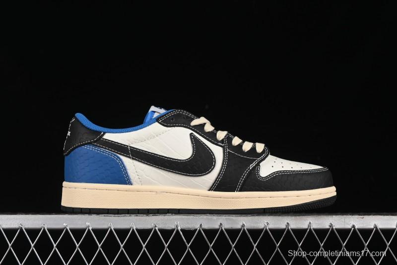 Nike Travis Scott x Fragment Design x Air Jordan 1 Low OG SP AJ1 Bape Collaboration - Crocodile Leather Black White Blue Low Top Casual Sneakers - XZ2828-001