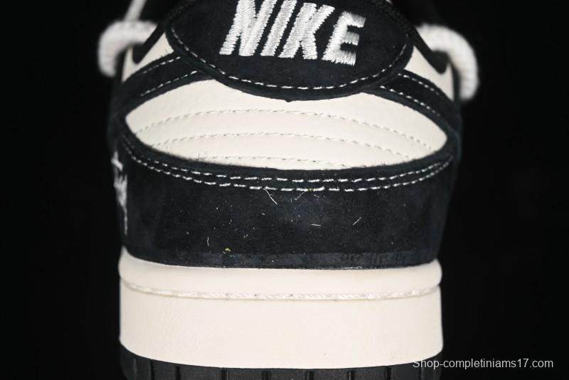 Nike SB Dunk Low Stussy Collaboration - White Embroidery Black Swoosh Anniversary Custom Low-Top Casual Sneakers - SJ2068-311