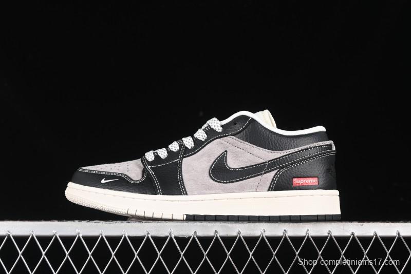 Nike Air Jordan 1 Low Supreme Collaboration - Black Grey Pigskin Two-Tone High-End Custom Retro Basketball Shoes - SJ9950-032