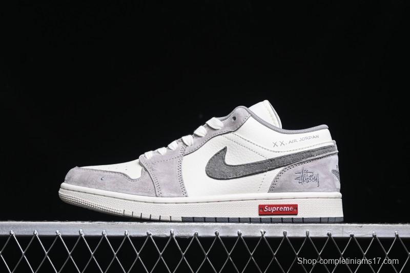 Nike Air Jordan 1 Low Stussy Collaboration - Grey White Dual-Tone Red Tag Retro Basketball Shoes - SJ9950-031