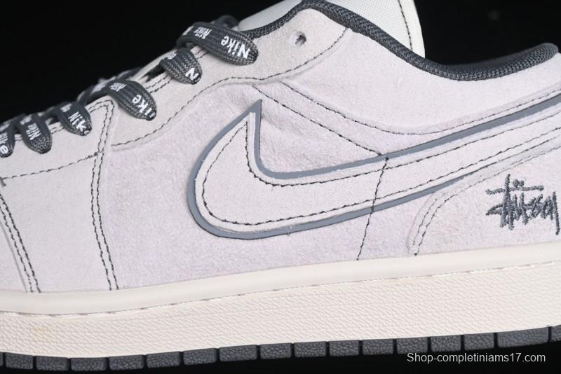 Nike Air Jordan 1 Low AJ1 Stussy Collaboration - Premium Customized Pigskin Grey Line Retro Basketball Shoes - DM9188-005