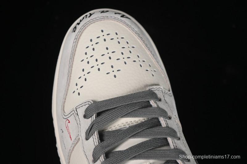 Nike SB Dunk Low Stussy Collaboration - Embroidered Grey Swoosh Anniversary Custom Low-Top Casual Sneakers - MM1089-033