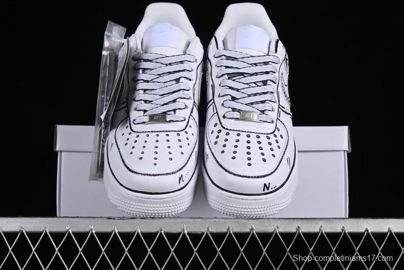 Nike Air Force 1 '07 Low Casual Sneakers with Black and White Hand-Drawn Manga Design - CW2288-811
