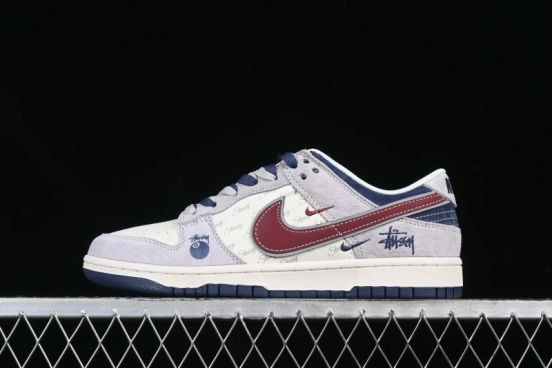 Nike SB Dunk Low Stussy Collaboration Black Burgundy Swoosh Anniversary Custom Low-Top Casual Skate Shoes - DM6868-022
