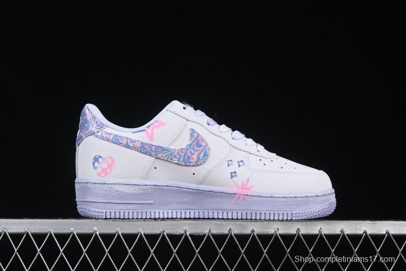 Nike Air Force 1 '07 Low Double Hearts Casual Sneakers with Hand-Drawn Anime Doodle and Pink Blue Hearts - CZ0377-002