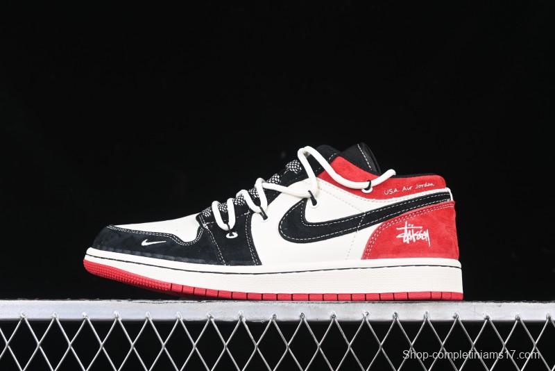 Nike Air Jordan 1 Low Stussy Collaboration - Black Red Custom High-End Retro Basketball Shoes - SJ9950-048