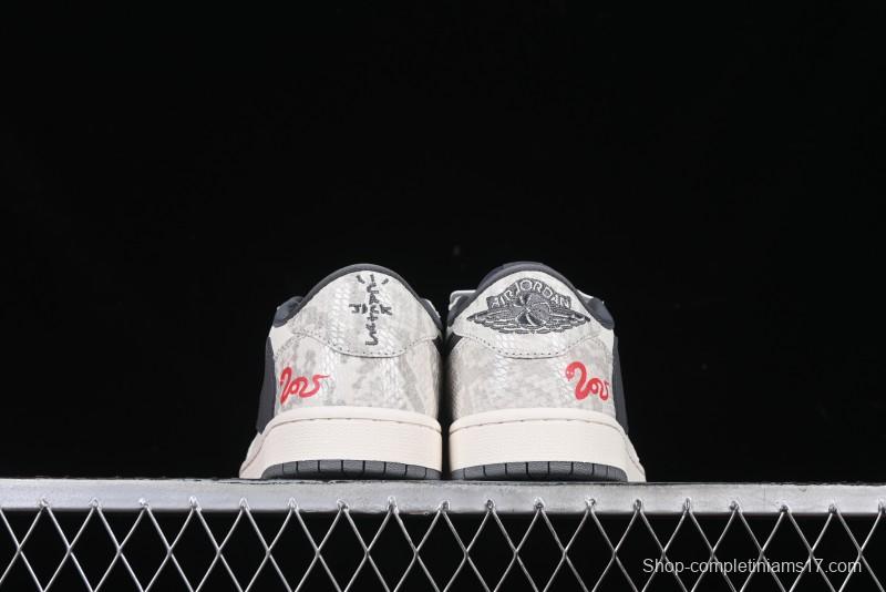 Nike Travis Scott x Fragment Design x Air Jordan 1 Low OG SP AJ1 Snake Year Limited Grey Snake Scale with Grey Swoosh Low-top Casual Sneakers - XS3086-009