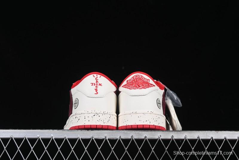 Nike Travis Scott x Fragment Design x Air Jordan 1 Low OG SP AJ1 Stone Island Collaboration Pomegranate Red Low-Top Casual Sneakers - CF3688-077