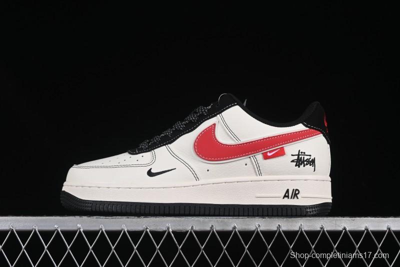 Nike Air Force 1 '07 Low Stussy Collaboration Black Stitch Red Swoosh Casual Sneakers - XS1958-518