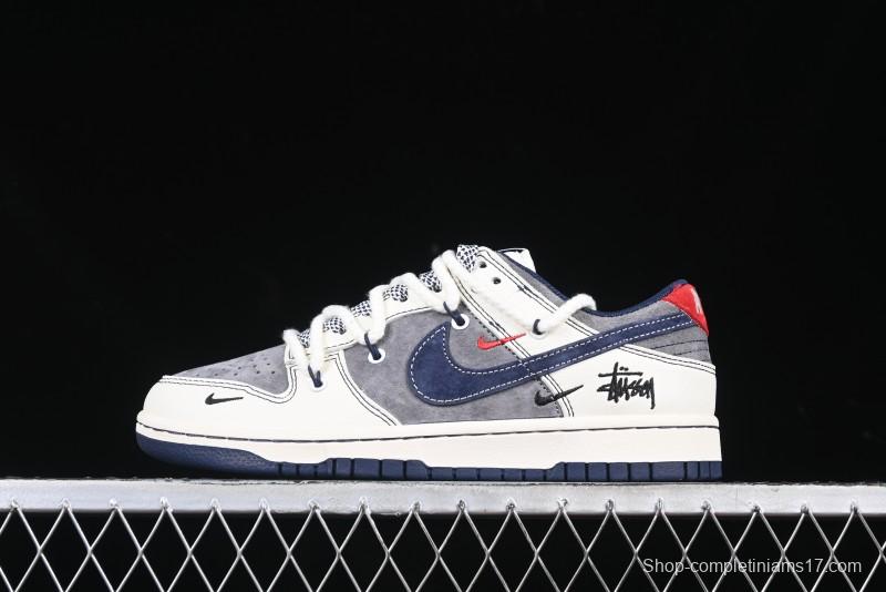 Nike SB Dunk Low Stussy Collaboration Anniversary Custom Low-Top Casual Sneakers with Strap in Beige Grey and Navy - YX5066-236