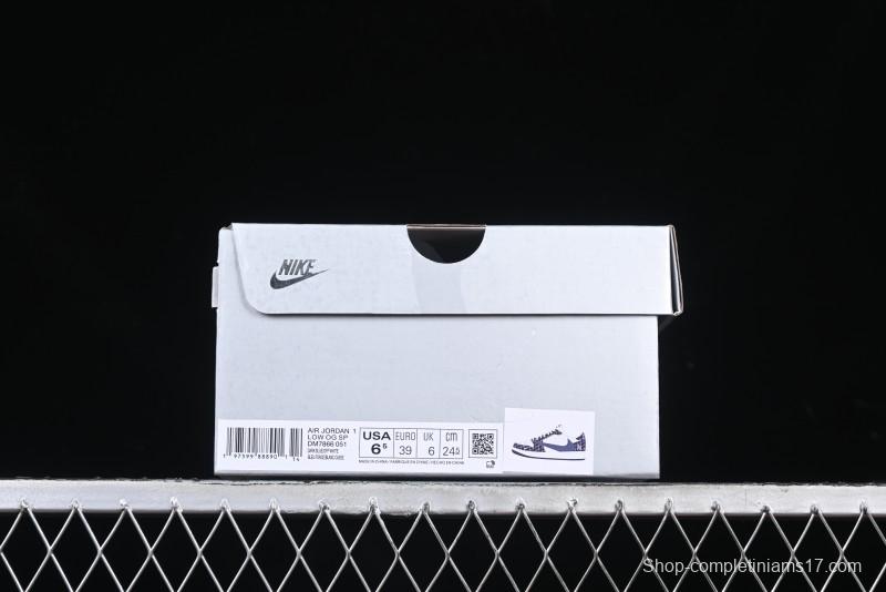 Nike Travis Scott x Fragment Design x Air Jordan 1 Low OG SP AJ1 MLB Collaboration White Blue Denim Low-top Casual Sneakers - DM7866-051