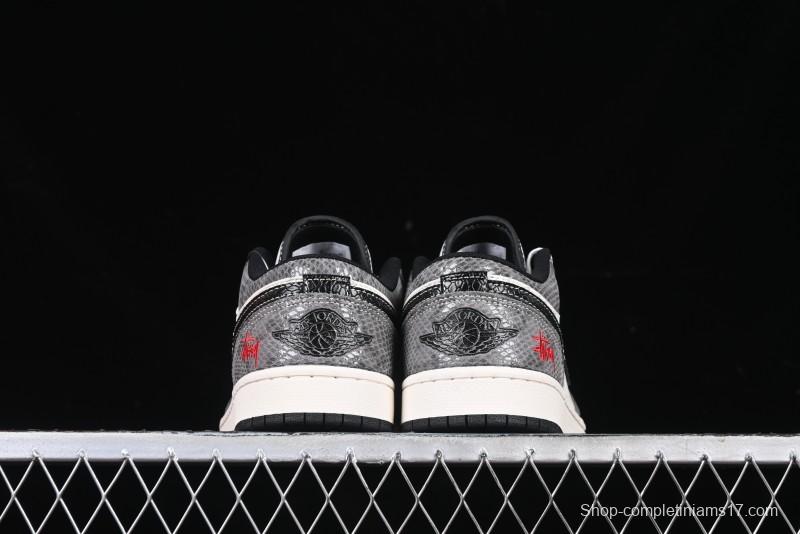 Nike Air Jordan 1 Low Retro Basketball Shoes with Custom Stussy Grey Snake Design - FC1688-202
