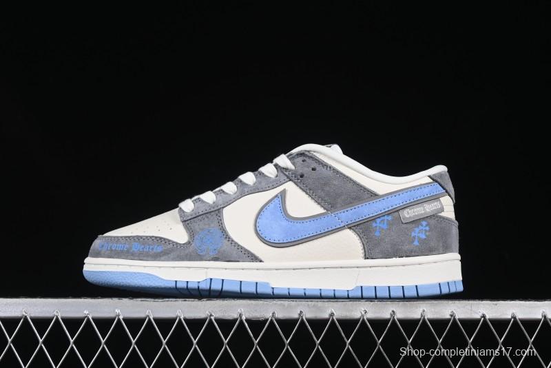 Nike SB Dunk Low Chrome Hearts Collaboration Grey White Blue Hook Anniversary High-End Custom Low-Top Casual Skate Shoes - KK1333-027