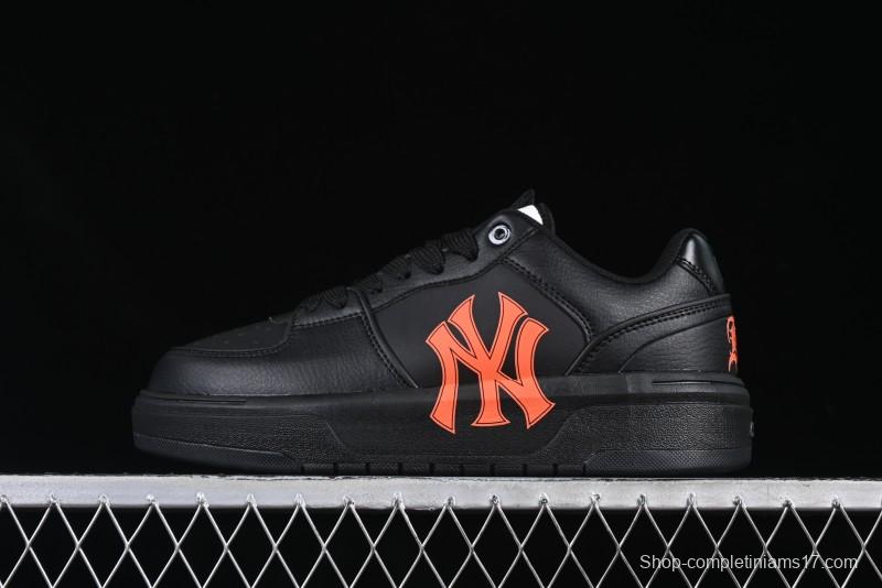 NY Yankees Black Leather Sneakers – Bold Orange Logo Edition