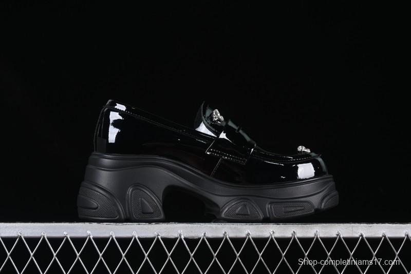 Black Patent Chunky Platform Loafers with Metal Embellishments