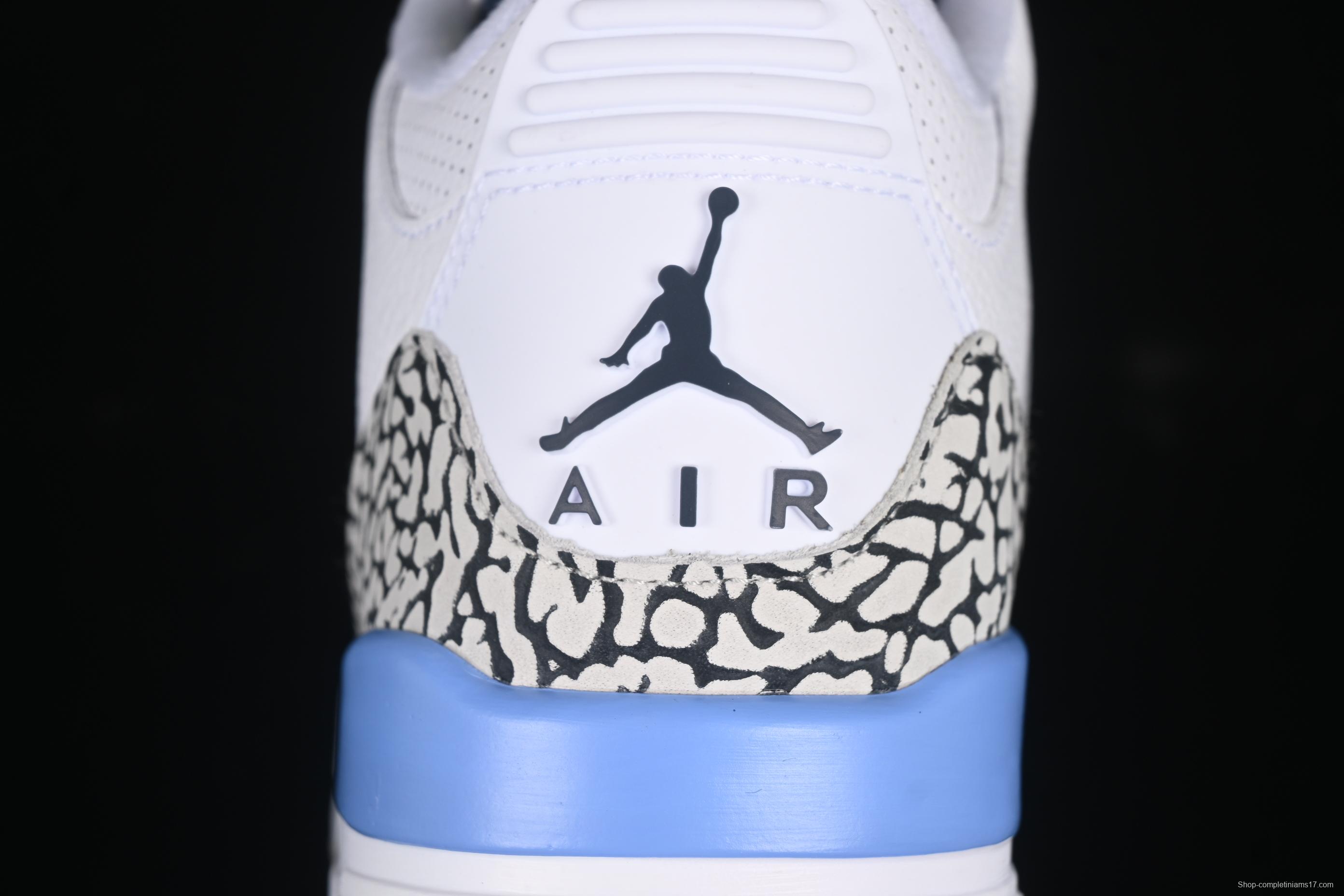 Nike Air Jordan 3 Retro UNC White Blue Cracked Leather Basketball Shoes - CT8532-104
