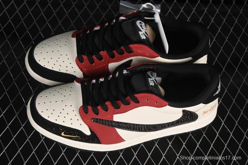 Nike Travis Scott x Fragment Design x Air Jordan 1 Low OG SP AJ1 FOG Collaboration Patchwork Burgundy Low-Top Casual Sneakers - LD2025-012