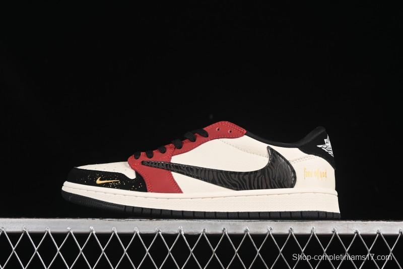 Nike Travis Scott x Fragment Design x Air Jordan 1 Low OG SP AJ1 FOG Collaboration Patchwork Burgundy Low-Top Casual Sneakers - LD2025-012