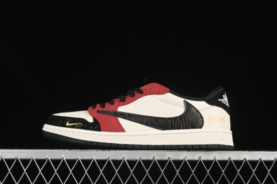 Nike Travis Scott x Fragment Design x Air Jordan 1 Low OG SP AJ1 FOG Collaboration Patchwork Burgundy Low-Top Casual Sneakers - LD2025-012