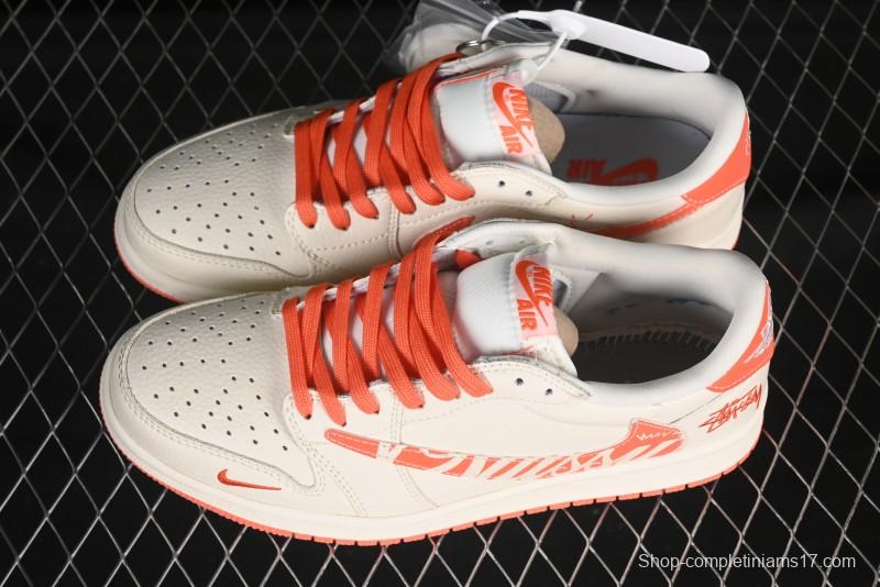 Nike Travis Scott x Fragment Design x Air Jordan 1 Low OG SP AJ1 Stussy Collaboration Summer Orange Low-Top Casual Sneakers - LD2025-020