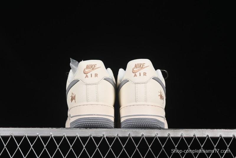 Nike Air Force 1 '07 Low Stussy Collaboration Gold Embroidery Grey Swoosh Casual Sneakers - XX3168-150