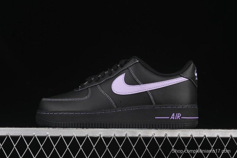 Nike Air Force 1'07 Low Casual Sneakers in Black with Purple Swoosh - HQ2037-001