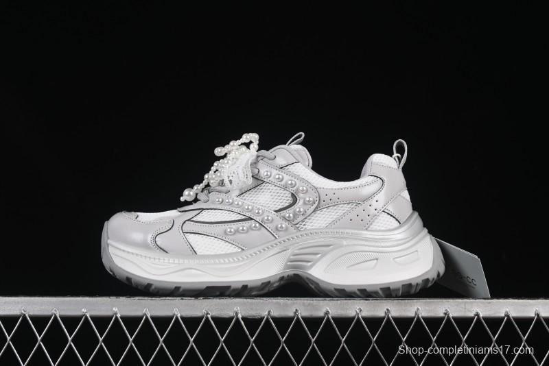 GG-CC Lace Pearl Chain Casual Platform Dad Shoes - 250310 Silver