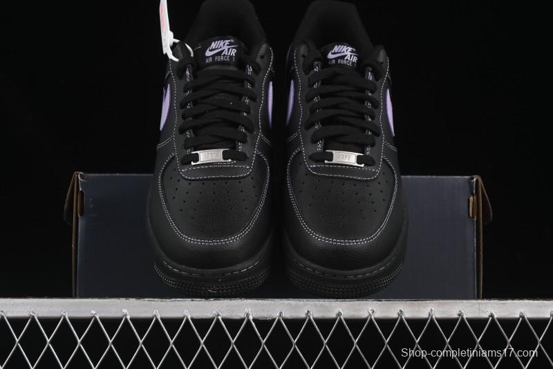 Nike Air Force 1'07 Low Casual Sneakers in Black with Purple Swoosh - HQ2037-001