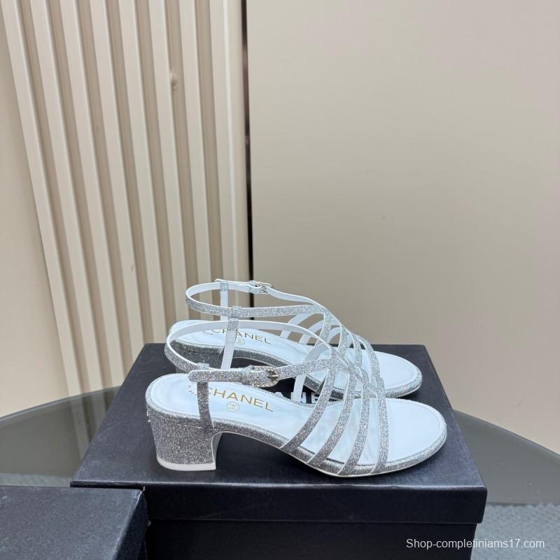 2025 Women Chanel Silver Leather Sandals