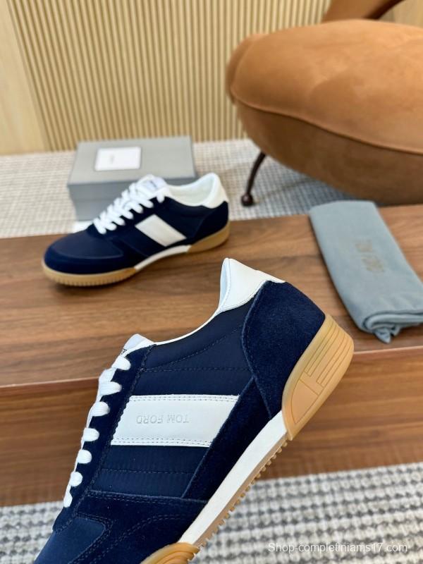 2025 Men TOM FORD Navy White Suede Leather Sneakers LY00360